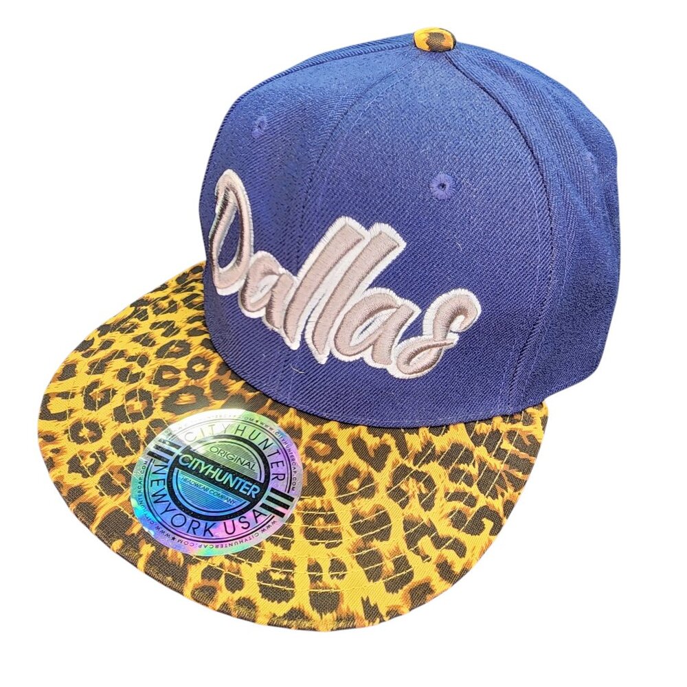 City Hunter Original Dallas Script Snapback Hat Cap Leopard Print Brim Navy